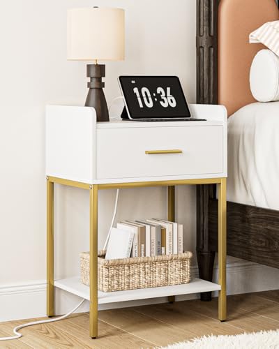 Nightstand with Charging Station, Modern Bedside Table Drawer and