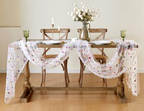 Wracra White Daisy Embroidered Cheesecloth Table Runner — 10ft x 28" W x 120" L