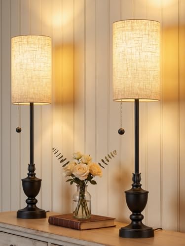 Matte Black Buffet Table Lamps Set of 2 - 28-Inch Tall Slim Resin Living Room Lighting