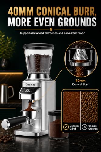 Cusinice Brushed Silver Conical Burr Coffee Grinder with 0.1s Timer & Anti-Static Design
