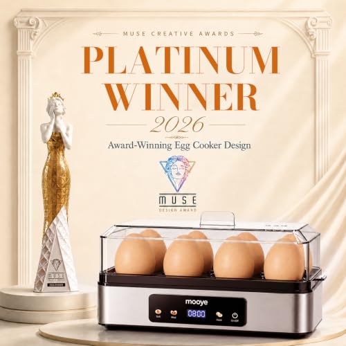 Mooye Silver Egg Cooker for Hard & Soft Boiled Eggs, 8-Egg Capacity, Auto Shut-Off