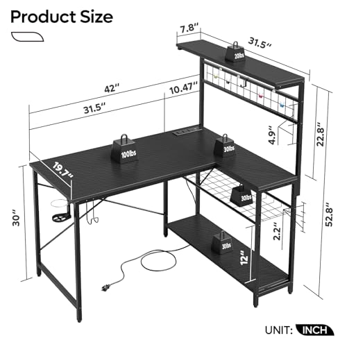 Bestier 42-Inch Carbon Fiber Black Gaming Desk with LED Lights & Power Outlets