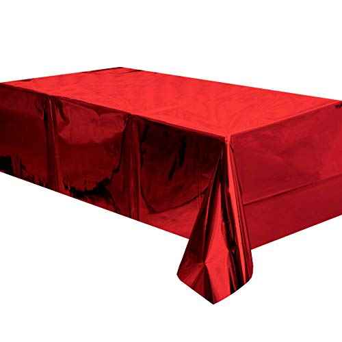 Red Foil Tablecloth Plastic Table Cover Rectangle Tables Tinsel Foil Table Cloth for Wedding Anniversary Birthday Graduation Bachelorette Thanksgiving Christmas Party, 54 x 108 Inch, 2pc