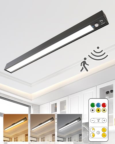 Black Rechargeable Motion Sensor Ceiling Light 16'' Dimmable LED Closet Lamp with Remote