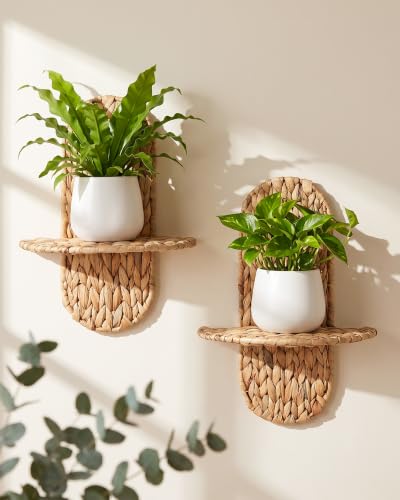 Set of 2 Wicker Wall Plant Holders - Rattan Boho Wall Shelves for Indoor Decor