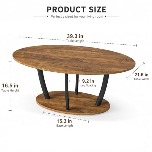 Manora Rustic Oval Coffee Table with Storage Shelf - Brown, 2-Tier Farmhouse Living Room Table