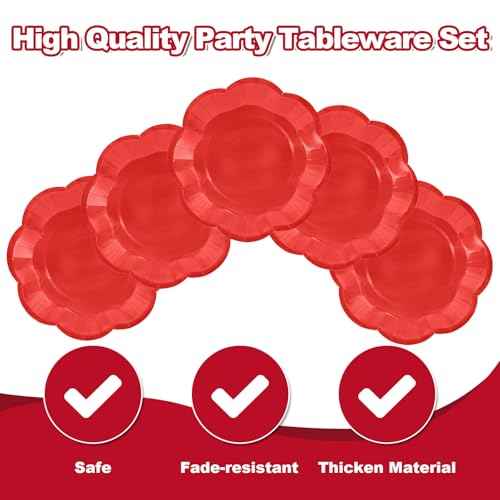 50 Pcs Red Paper Plates 25 ¡¿ 7'' and 25 ¡¿ 9'' Disposable Scalloped Red Dinner Plates Cute Party Plate for Birthday, Christmas, Picnic
