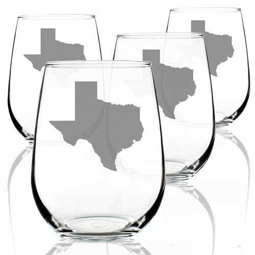 Bevvee Texas State Outline Stemless Wine Glass Set of 4 - 17 oz Texans Souvenir