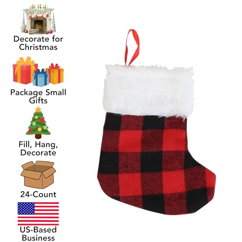 Iconikal 24-Pack Mini Christmas Stockings, 6-Inch, Red Buffalo Plaid Decoration Ornament