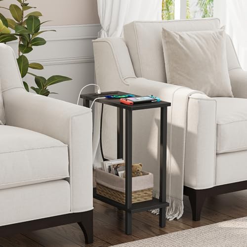 TUTOTAK 2-Tier Black Narrow Side Table Set of 2 with Charging Station