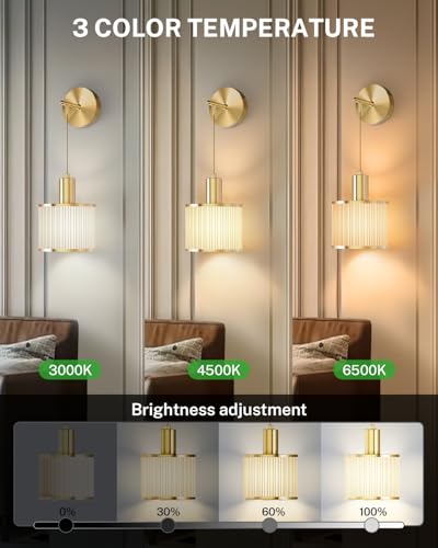 SAIMAND Set of 2 Gold and Beige Wireless Rechargeable Wall Sconces with Adjustable RGB Colors
