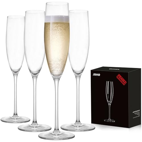 JBHO Set of 4 Hand Blown Champagne Flutes - Elegant Lead-Free Crystal Glasses for Weddings & Celebrations