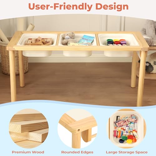 Bateso Wooden Sand and Water Table for Toddlers with 3 Storage Bins - Indoor & Outdoor Sensory Play