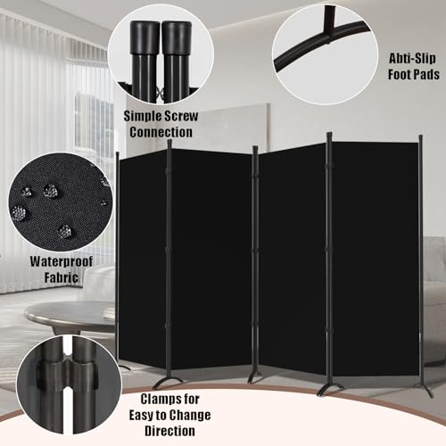 Grezone Black 4-Panel Folding Room Divider - 6 ft Privacy Screen for Home & Office