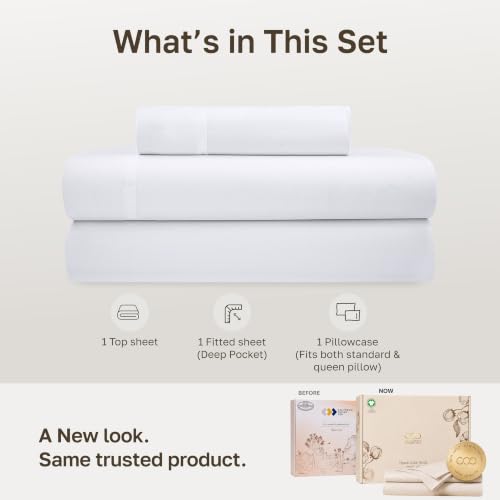 Organic Cotton Twin Bed Sheets Set - Bright White, 3-Piece, Deep Pocket, Crisp Percale