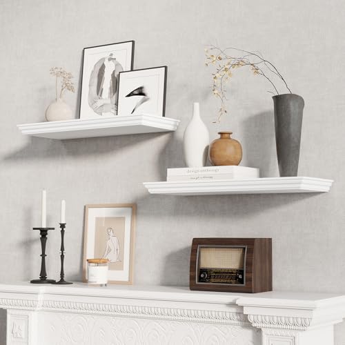 Fun Memories 24-Inch White Crown Molding Floating Shelves Set of 2 Wall Decor