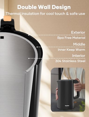 Yoochu Black Double Wall 1.7L Electric Kettle 1500W Safe Touch Water Boiler