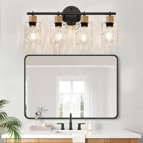 Matte Black Coastal 4-Light Vanity Light with Crystal Glass Shades - MOKATNG