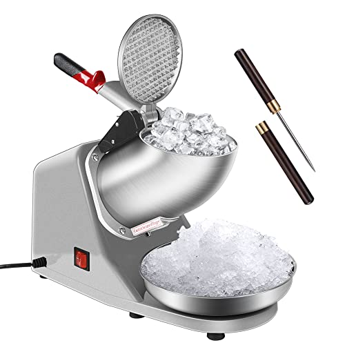 Silver Electric Ice Shaver Machine - 143lbs/hr Snow Cone Maker with Ice Pick - Home & Commercial Use - Single Blade Variation