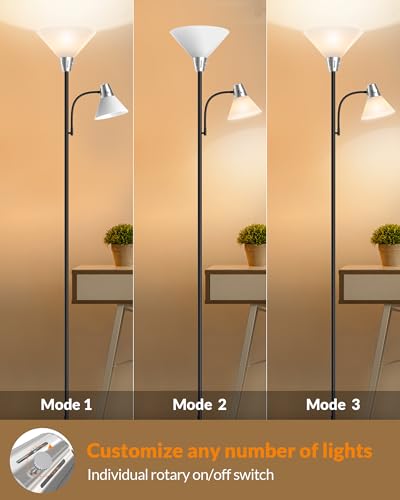 LEPOWER Floor Lamp with 3 Heads and Replaceable 3000K LED Lights – Adjustable Standing Lighting