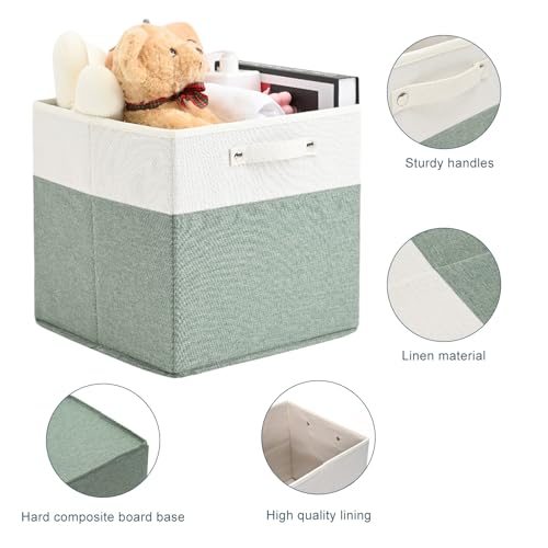 FinishingBo 13x13x13 Storage Cube Bins - White & Green 4 Pack, Foldable Linen Baskets