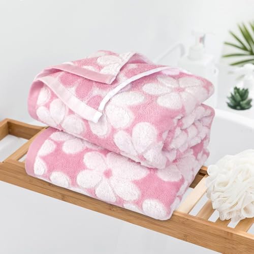 Pink Cotton Bath Towels Set of 2 - 27.5x55 Inches, Super Absorbent & Decorative