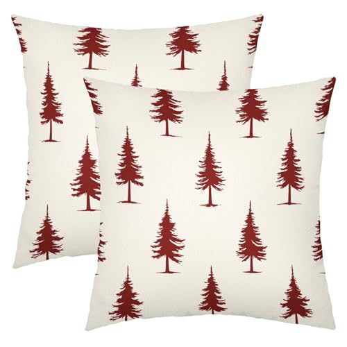 Aportt 18x18 Inch Red Pine Tree Christmas Pillow Covers Set of 2 Rustic Forest Holiday Decor