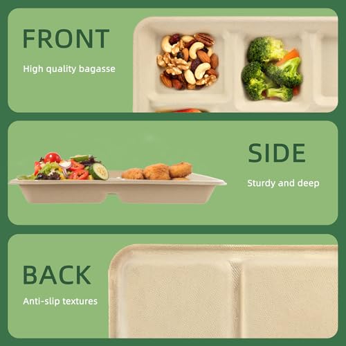 Eco-Friendly 5-Compartment Disposable Paper Plates - Medium 12.5x8.6 Inch Natural Pack of 100