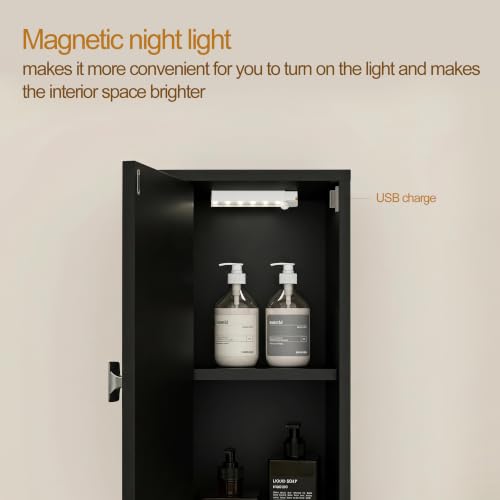 UYIHOME Narrow Bathroom Storage Cabinet with USB Light, Tall Black Slim Organizer