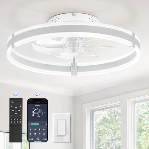 ZMISHIBO 19.7'' White Ceiling Fan with Lights Remote & App Control, Reversible DC Motor