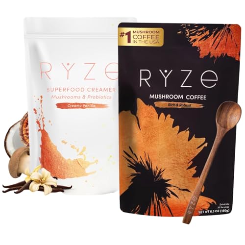 RYZE Dark Roast Mushroom Coffee & Probiotic Creamer Bundle - 13.75 Oz