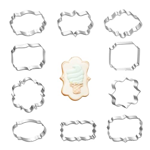 10PCS Stainless Steel Plaque Frame Cookie Cutters - Variety Shapes Fondant Cutters for Baking,Wedding,Birthday,Christmas,Metal Biscuit Molds for DIY Decorations