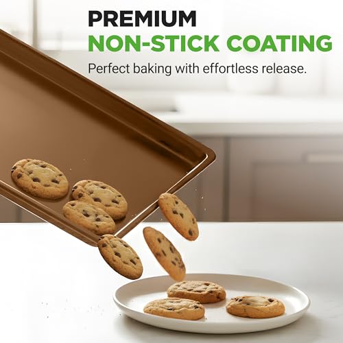 NutriChef 2-Pack XL Nonstick Cookie Sheets 22x16 Inch Baking Pans, Gold, Oven Safe