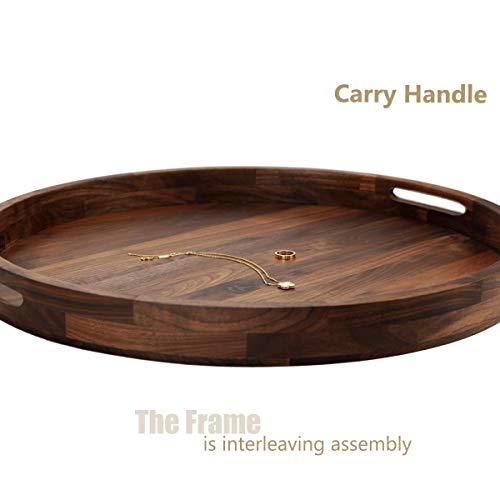 20-Inch Black Walnut Wooden Ottoman Tray with Handles - Extra Large Round Coffee Table Accessory