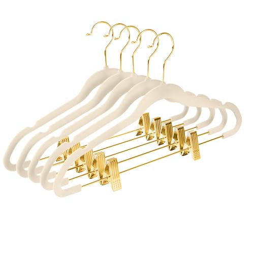 Ivory/Gold Velvet Pants Hangers Pack of 20 - Adjustable Clips, Non-Slip Slim Skirt Hangers