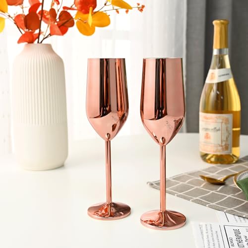 Lifecapido Rose Gold 6-Pack 8oz Stainless Steel Champagne Flutes Unbreakable Stemware for Party Wedding Gift