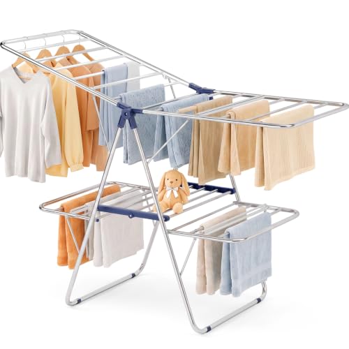 KINGBOARD Large Dark Blue Stainless Steel 2-Tier Foldable Clothes Drying Rack, 57" Max Height