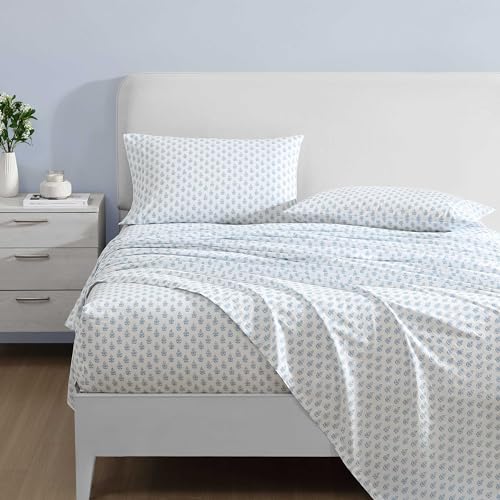 Full Size Floral Block Print Cotton Sheet Set with Deep Pocket Fitted Sheet - Francesca Blue