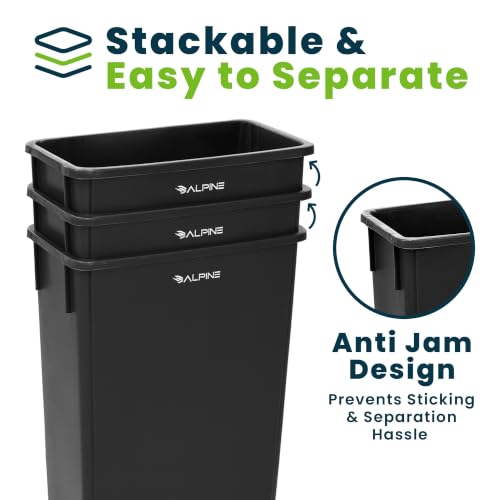 Alpine 23 Gallon Slim Trash Can - Black Open Top Commercial Garbage Bin - Heavy Duty Plastic 3 Pack
