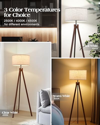 ELYONA Brown Wooden Tripod Floor Lamp with 3 Color Temperatures - Modern Reading & Night Light