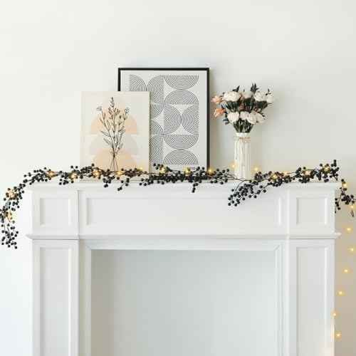 KAMJUNTAR Black Pip Berry Garland with Lights 6.4FT Artificial Black Berry Garland for Decorating Halloween Garlands Decorations for Home Outdoor Indoor Mantle Fireplace Table, Pack of 1