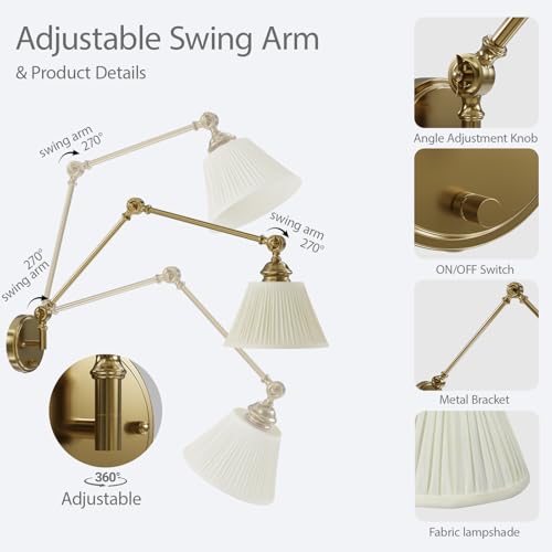 Gold Swing Arm Wall Sconce Set of 2 with Fabric Shades, Plug-in & Hardwired, Adjustable Reading Lights for Bedroom & Living Room - Beige Shade