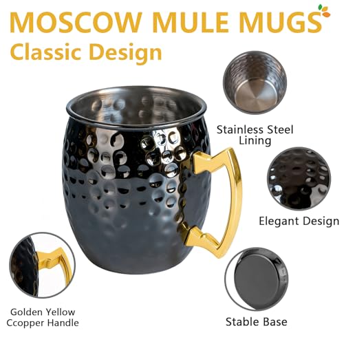 UNISWEET 4 Pack Moscow Mule Mugs – Hammered Copper Exterior, 304 Stainless Steel Lining, Black Handle (16.91 oz each)
