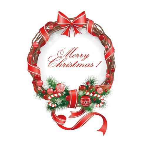 Merry Christmas Wreath Wall Sticker,Peel and Stick Removable Pine Branch Red Ribbon Christmas Wreath Decal for Door Wall Window Refrigerator Party Decoration