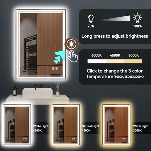 NESDCC 24x36 Inch Bathroom LED Mirror with Anti-Fog & 3 Color Dimmable Lighting, Wall Mount