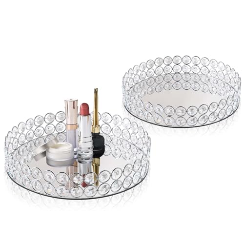 2 Pcs Silver 10" Round Metal Mirror Crystal Tray – Vanity for Makeup,