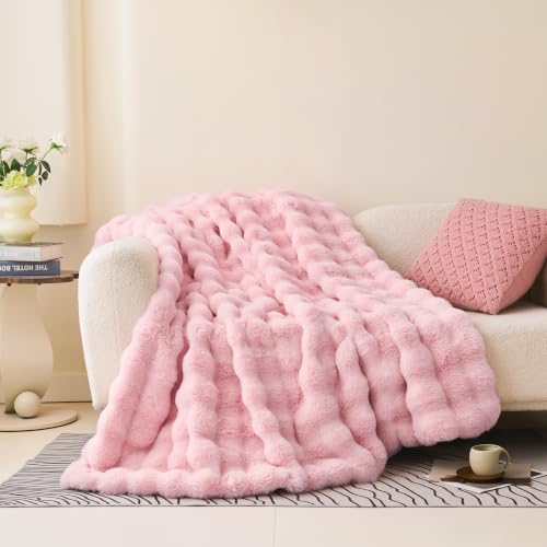 Pink Faux Fur Throw Blanket 50x60 Reversible Bubble Plush Texture - Comelady