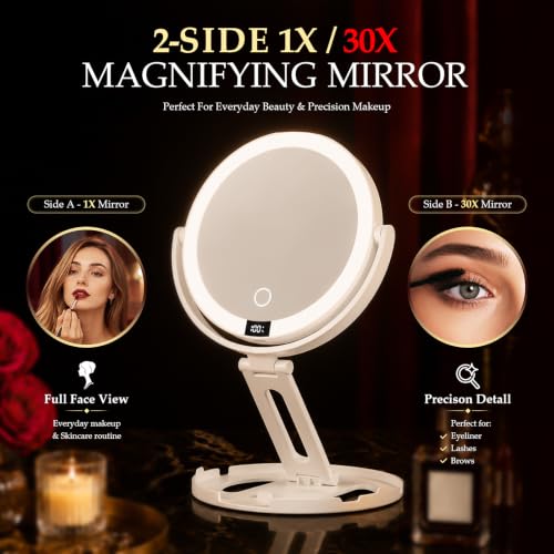 Velmelle White Travel Makeup Mirror with Lights, 1X/30X Dual-Sided Magnification
