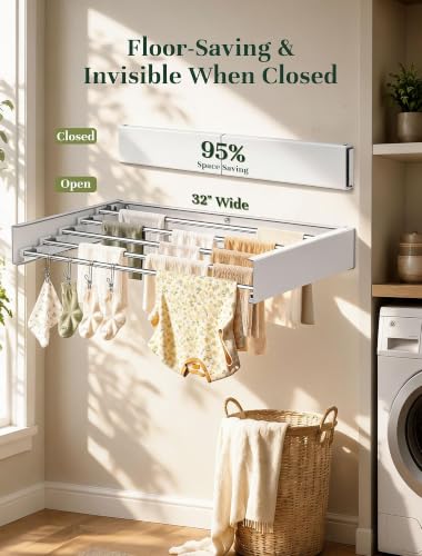 Wall Mounted Clothes Drying Rack 32'' Foldable Laundry Hanger with Hooks