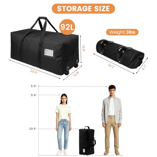 Heavy Duty Travel Duffel Bag with Wheels - 92L Large Black Rolling Bag